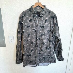 VTG Woolrich Men's XL Eagle Novelty Print Button Down Grey Gorpcore 90's Camp